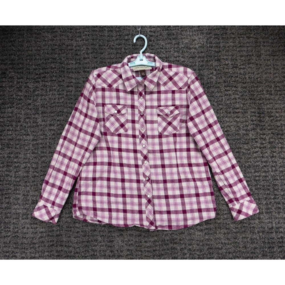 Bit & Bridle Shirt Womens Large Purple White Plaid Flannel Pearl Snap Western